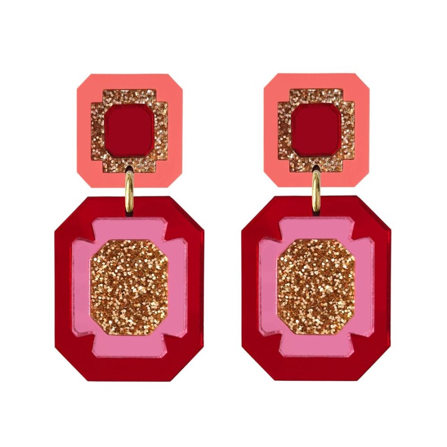 Accessories Charlie Pickles | Double Gem Statement Earrings-Red